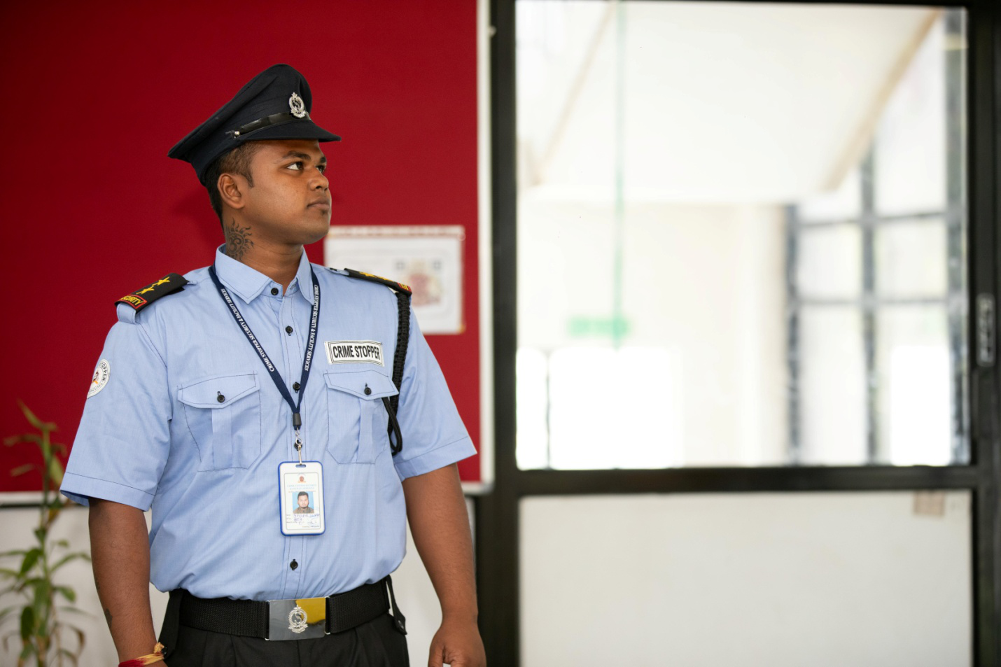 A security guard inside a building