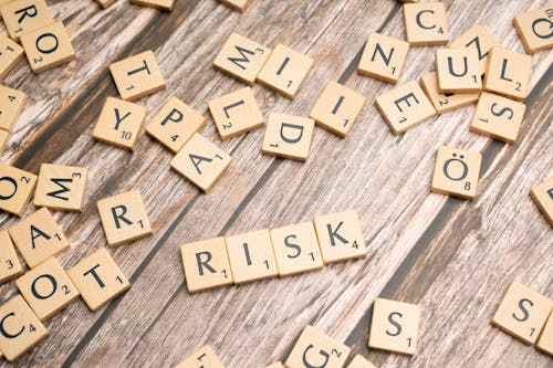 Scrabble tiles of risk on a wooden desk