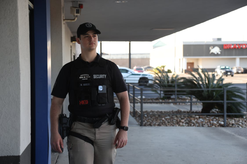 Security guard outside an office building