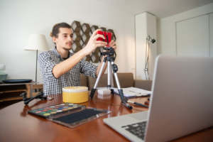 Influencer filming in a modern home studio