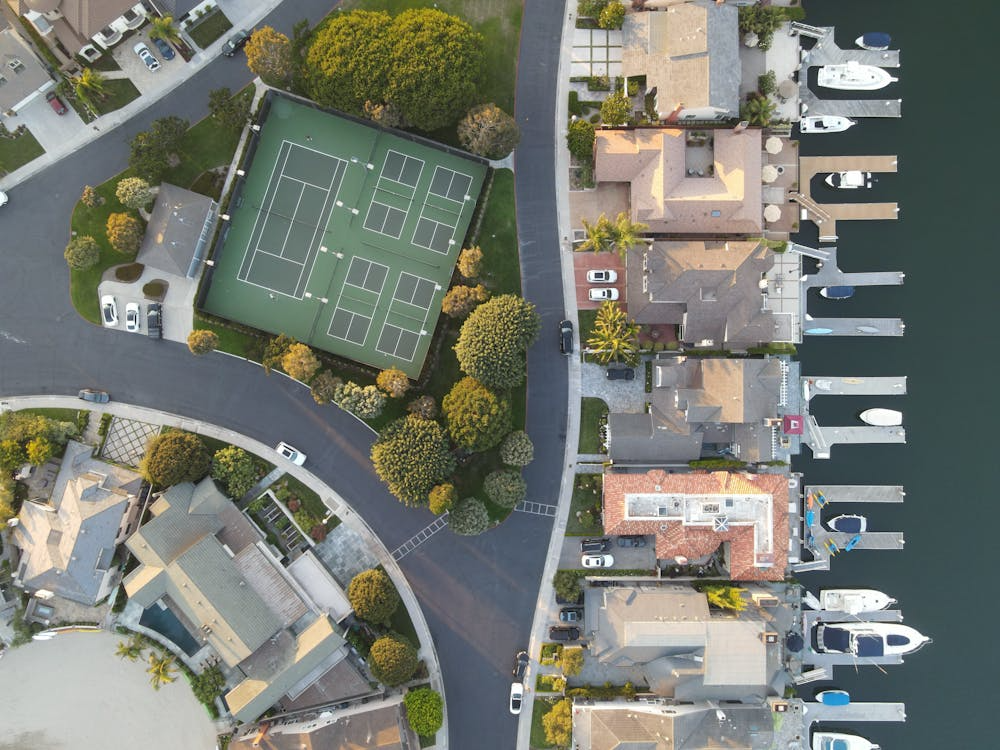 aerial view of an elite neighborhood by the Malibu beach
