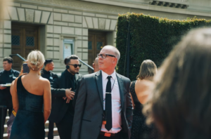 A security guard monitoring people
