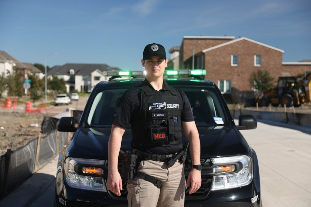 a security guard standing in front of a patrolling vehicle